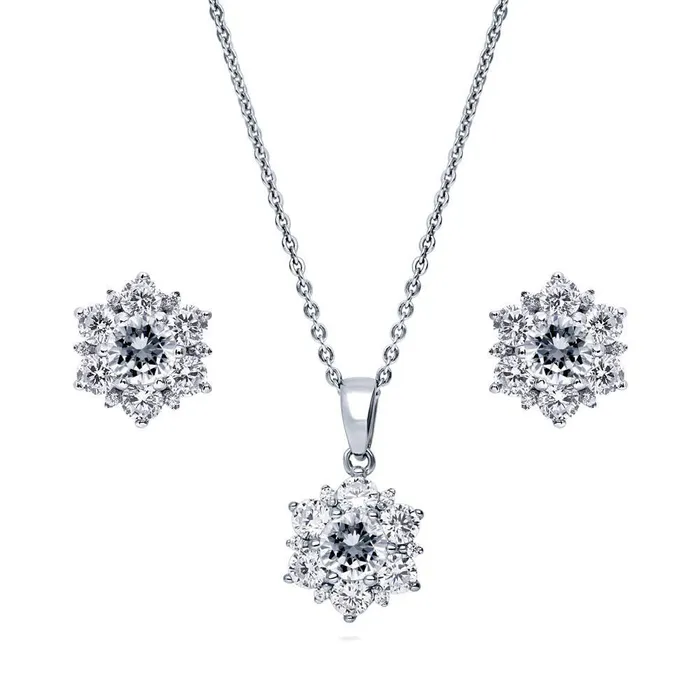BERRICLE Flower Halo CZ Necklace and Earrings in Sterling Silver Necklaces