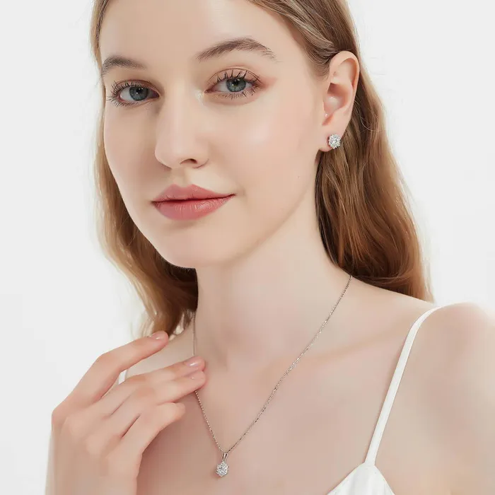 BERRICLE Flower Halo CZ Necklace and Earrings in Sterling Silver Necklaces