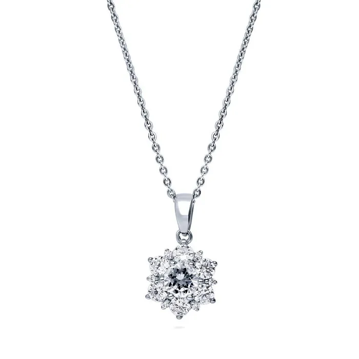 BERRICLE Flower Halo CZ Necklace and Earrings in Sterling Silver Necklaces
