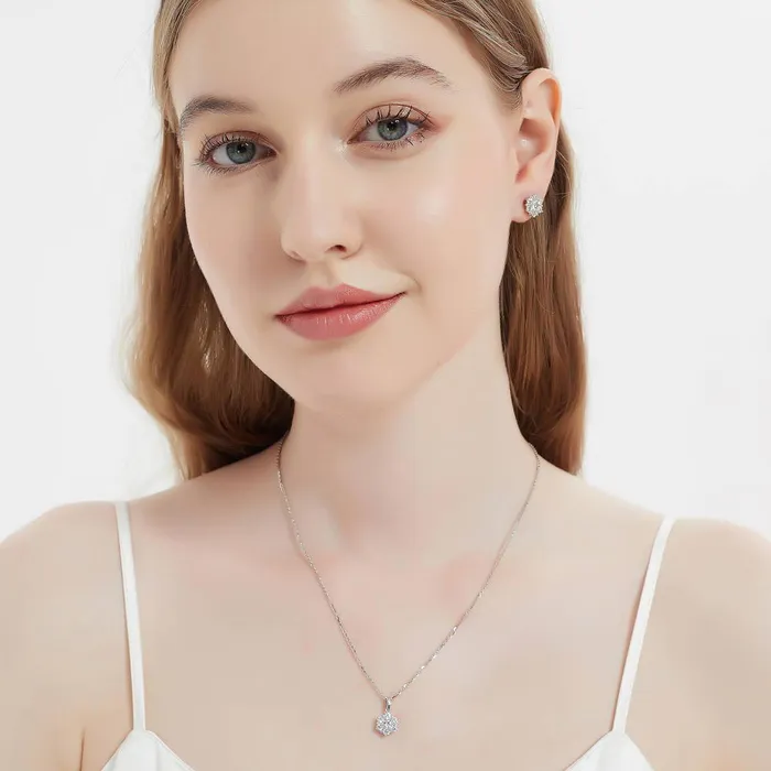 BERRICLE Flower Halo CZ Necklace and Earrings in Sterling Silver Necklaces