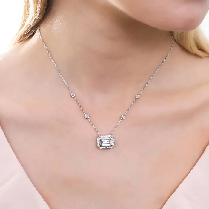 BERRICLE Necklaces Halo EastWest Emerald Cut CZ Necklace in Sterling Silver