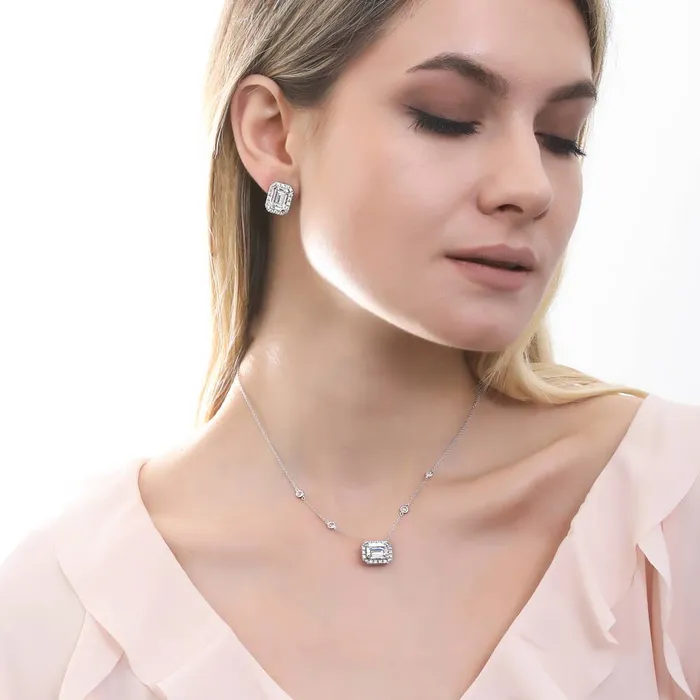 BERRICLE Necklaces Halo EastWest Emerald Cut CZ Necklace in Sterling Silver