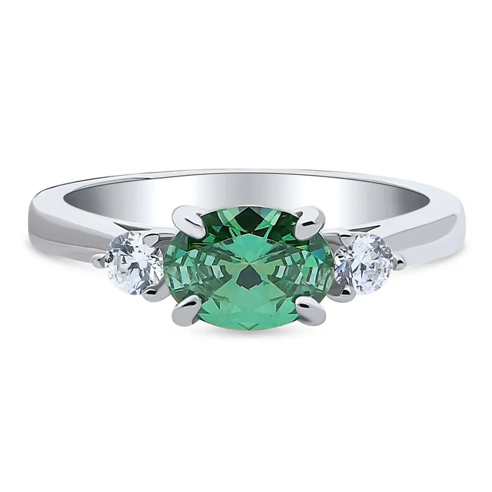 BERRICLE Rings 3Stone EastWest Green Oval CZ Ring in Sterling Silver 12ct