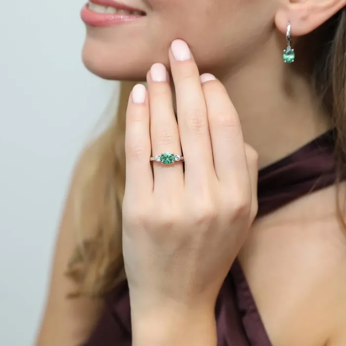 BERRICLE Rings 3Stone EastWest Green Oval CZ Ring in Sterling Silver 12ct