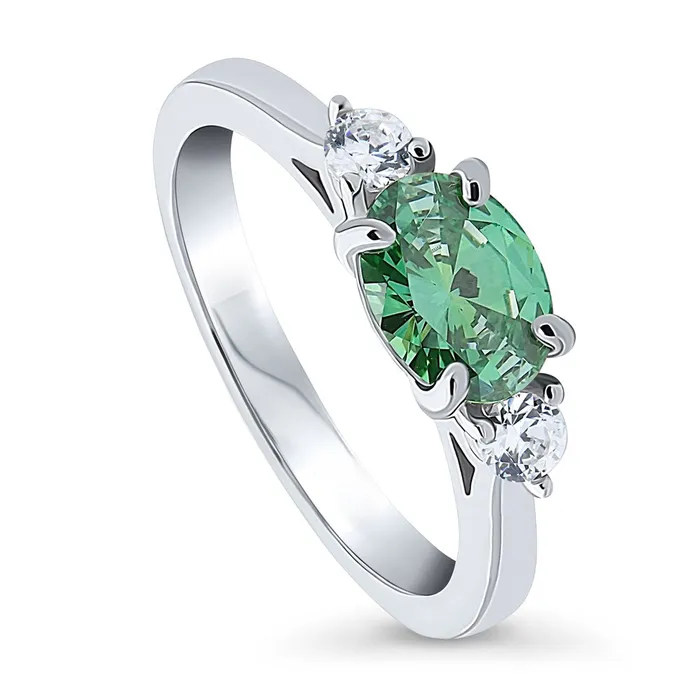 BERRICLE Rings 3Stone EastWest Green Oval CZ Ring in Sterling Silver 12ct