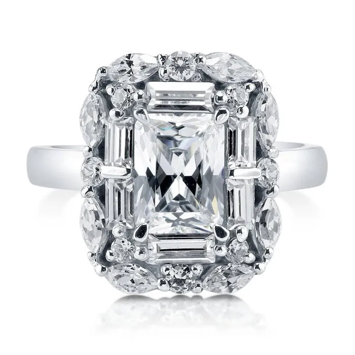 BERRICLE Rings Halo Art Deco Radiant CZ Ring in Sterling Silver
