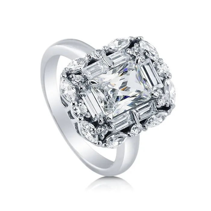 BERRICLE Rings Halo Art Deco Radiant CZ Ring in Sterling Silver