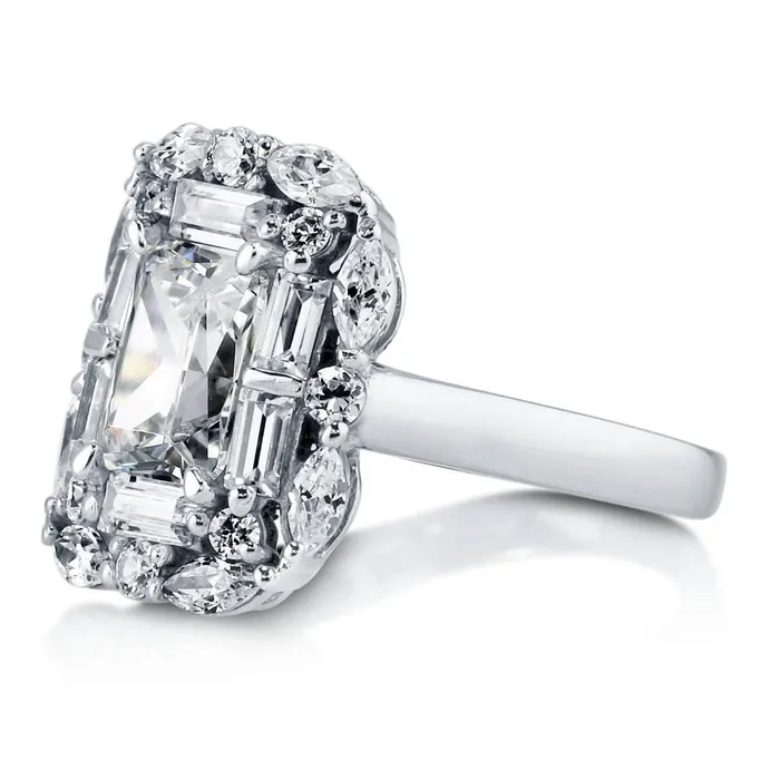 BERRICLE Rings Halo Art Deco Radiant CZ Ring in Sterling Silver