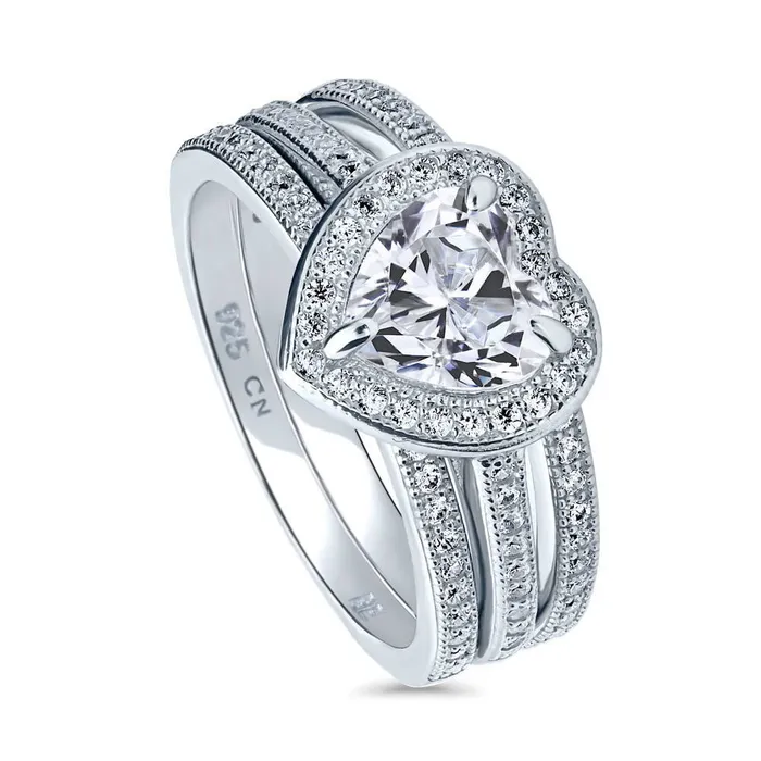 BERRICLE Rings Halo Heart Heart CZ Ring Set in Sterling Silver
