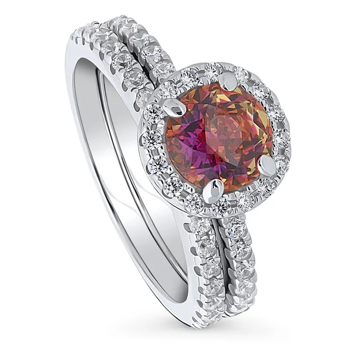 BERRICLE Rings Halo Kaleidoscope Red Orange CZ Ring Set in Sterling Silver