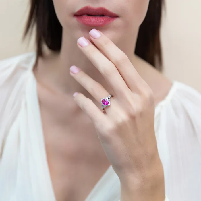 BERRICLE Rings Halo Wishbone Pink Oval CZ Ring Set in Sterling Silver