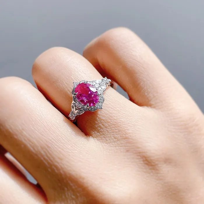 BERRICLE Rings Halo Wishbone Pink Oval CZ Ring Set in Sterling Silver