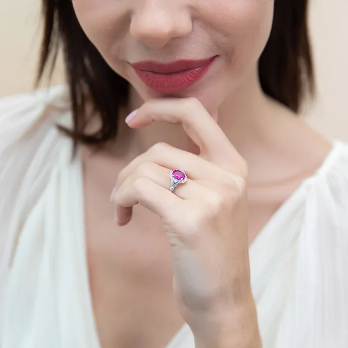 BERRICLE Rings Halo Wishbone Pink Oval CZ Ring Set in Sterling Silver