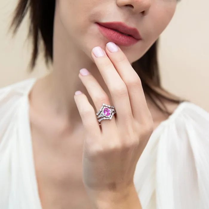 BERRICLE Rings Halo Wishbone Pink Oval CZ Ring Set in Sterling Silver