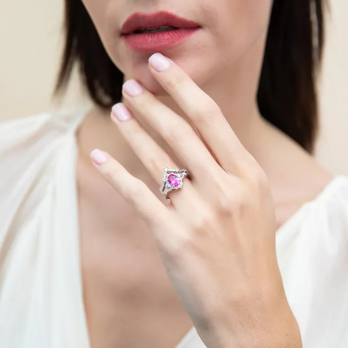 BERRICLE Rings Halo Wishbone Pink Oval CZ Ring Set in Sterling Silver