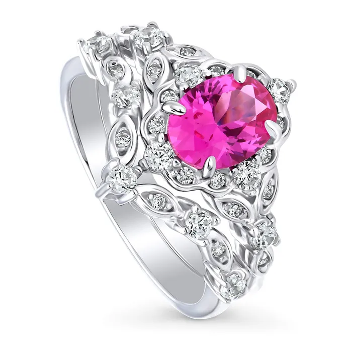BERRICLE Rings Halo Wishbone Pink Oval CZ Ring Set in Sterling Silver