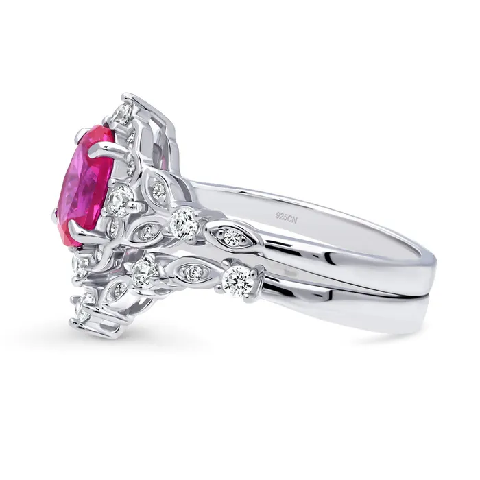 BERRICLE Rings Halo Wishbone Pink Oval CZ Ring Set in Sterling Silver