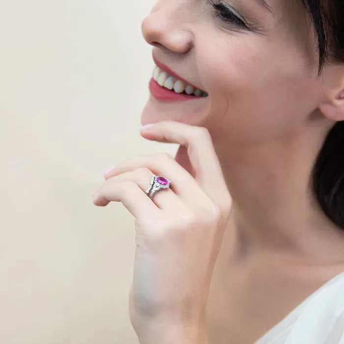 BERRICLE Rings Halo Wishbone Pink Oval CZ Ring Set in Sterling Silver