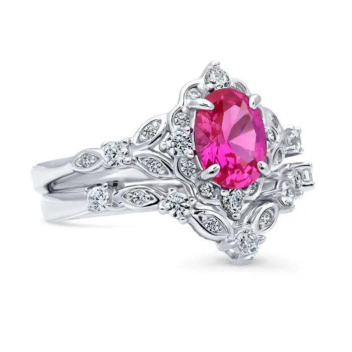 BERRICLE Rings Halo Wishbone Pink Oval CZ Ring Set in Sterling Silver