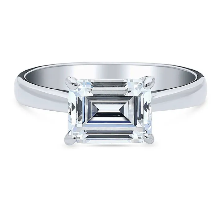BERRICLE Rings Solitaire EastWest 26ct Emerald Cut CZ Ring in Sterling Silver