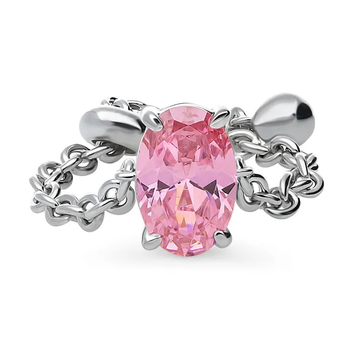 BERRICLE Rings Solitaire Pink Oval CZ Chain Ring in Sterling Silver 14ct