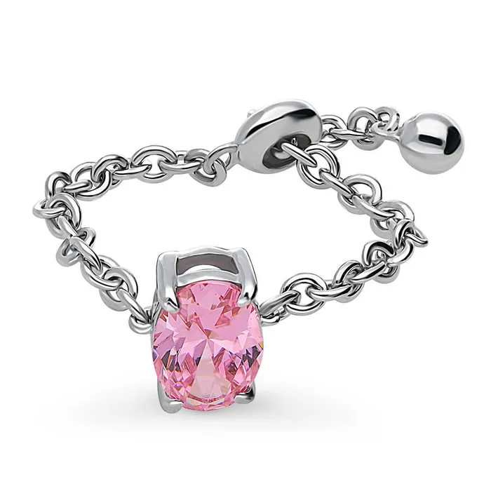 BERRICLE Rings Solitaire Pink Oval CZ Chain Ring in Sterling Silver 14ct
