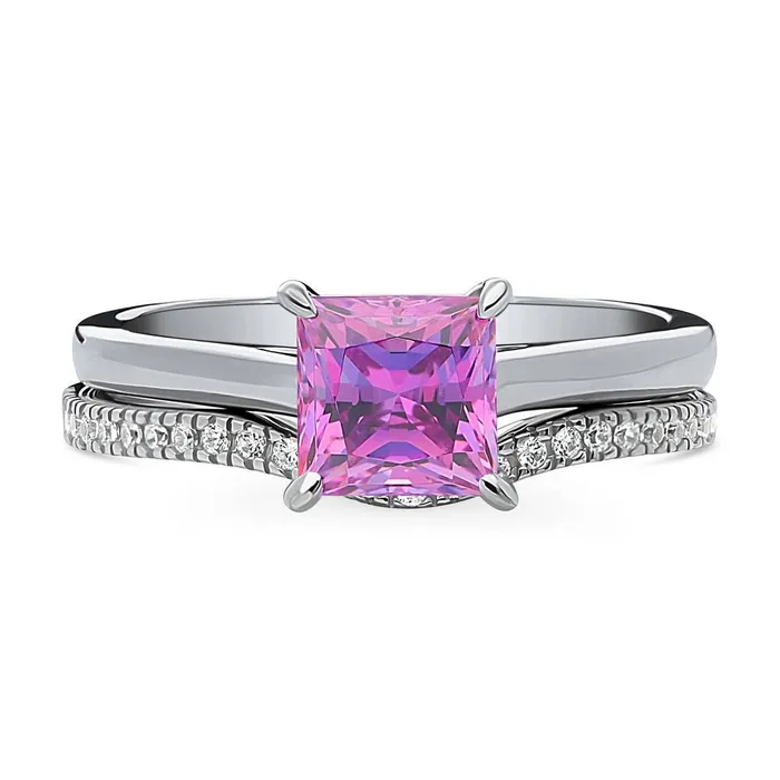 BERRICLE Rings Solitaire Wishbone Purple Princess CZ Ring Set in Sterling Silver