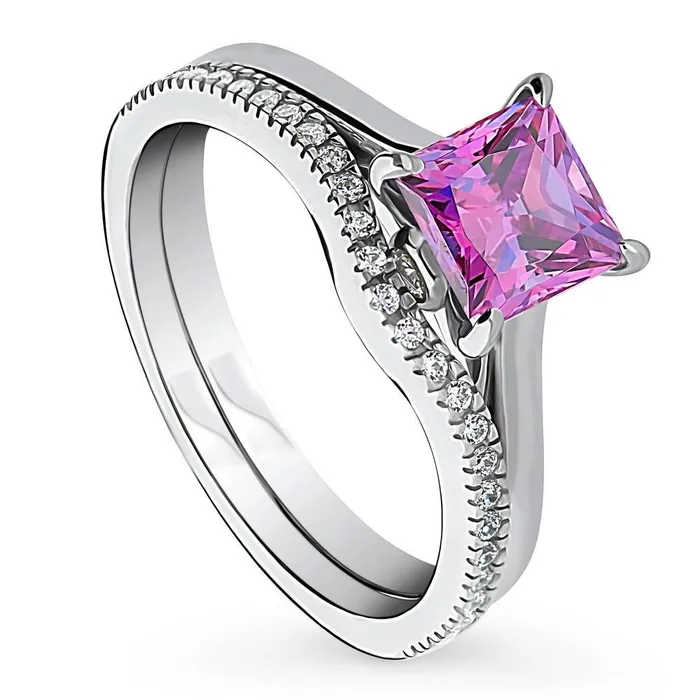 BERRICLE Rings Solitaire Wishbone Purple Princess CZ Ring Set in Sterling Silver