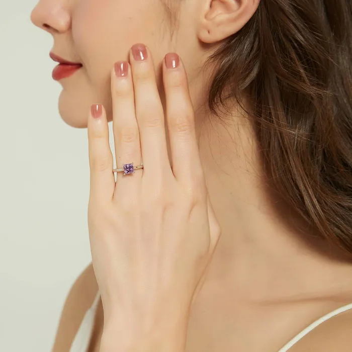 BERRICLE Rings Solitaire Wishbone Purple Princess CZ Ring Set in Sterling Silver