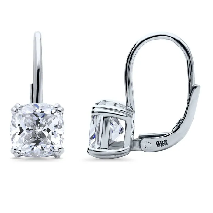 BERRICLE Solitaire 4ct Cushion CZ Leverback Earrings in Sterling Silver Earrings