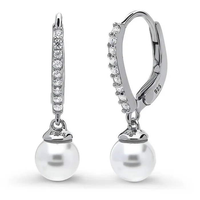 BERRICLE Solitaire Imitation Pearl Leverback Earrings in Sterling Silver Earrings BERRICLE Solitaire Imitation Pearl Leverback Earrings in Sterling Silver Earrings