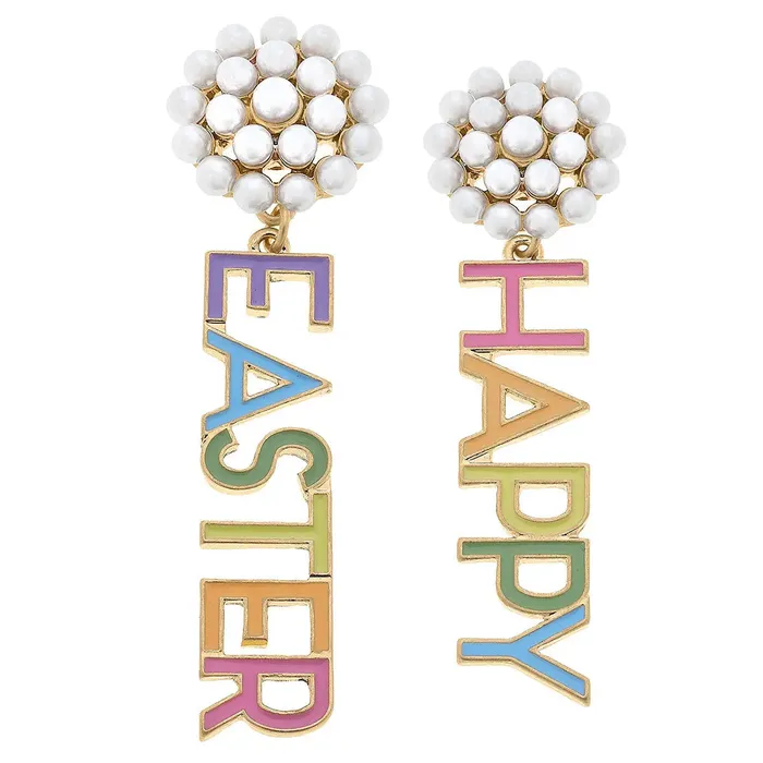 Canvas Earrings Rainbow Happy Easter Pearl Cluster Drop Earrings