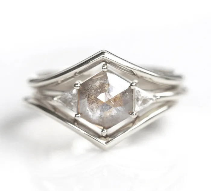 Capucinne Grey Hexagon Diamond Ring Set With Side Triangle Diamonds Rings