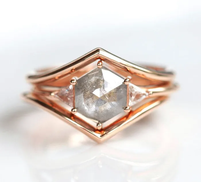 Capucinne Grey Hexagon Diamond Ring Set With Side Triangle Diamonds Rings
