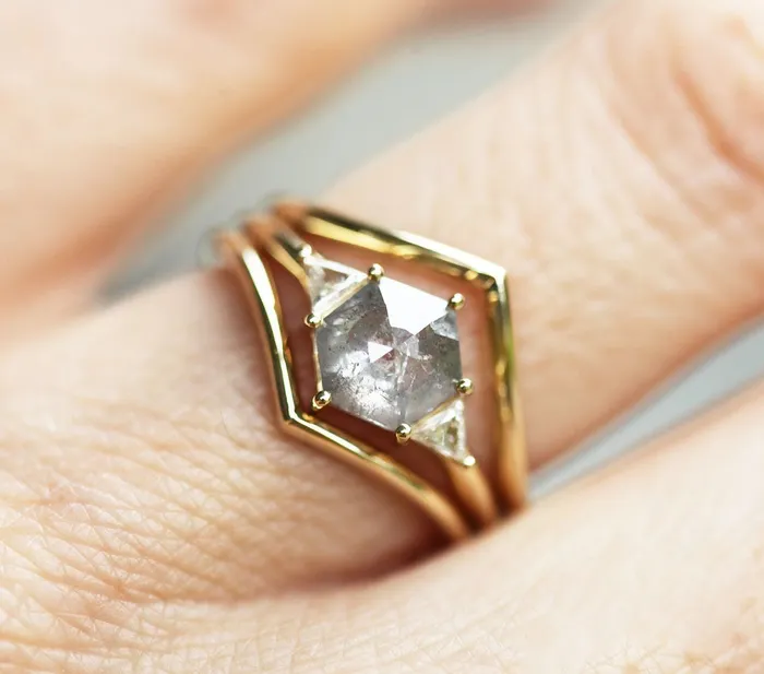 Capucinne Grey Hexagon Diamond Ring Set With Side Triangle Diamonds Rings