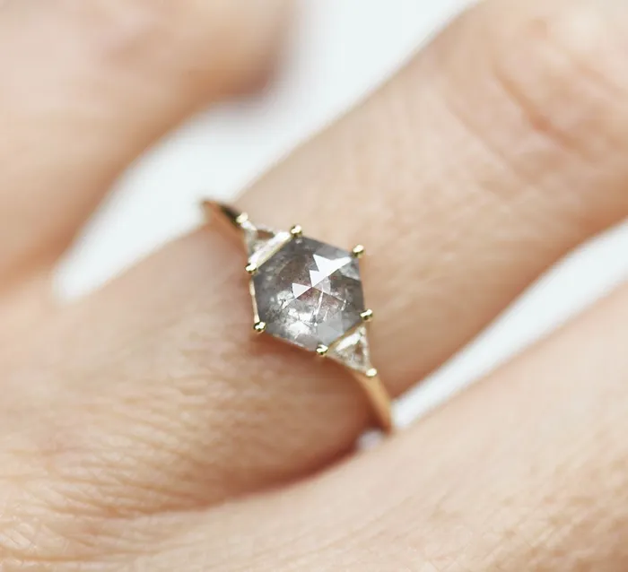 Capucinne Grey Hexagon Diamond Ring Set With Side Triangle Diamonds Rings