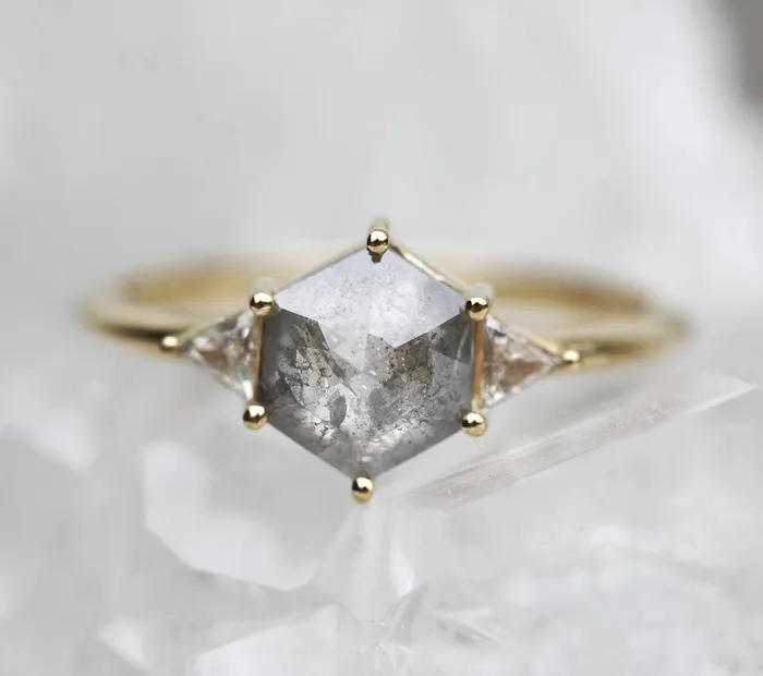 Capucinne Grey Hexagon Diamond Ring Set With Side Triangle Diamonds Rings