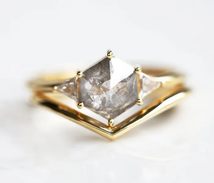 Capucinne Grey Hexagon Diamond Ring Set With Side Triangle Diamonds Rings