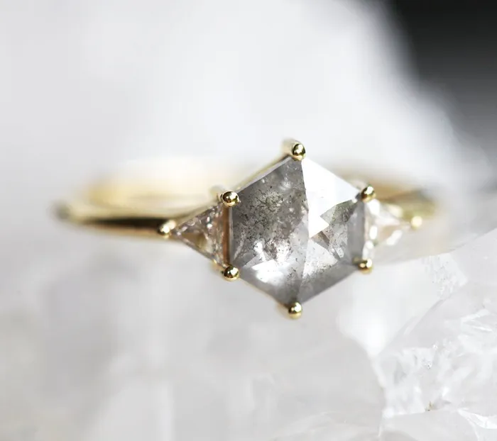 Capucinne Grey Hexagon Diamond Ring Set With Side Triangle Diamonds Rings