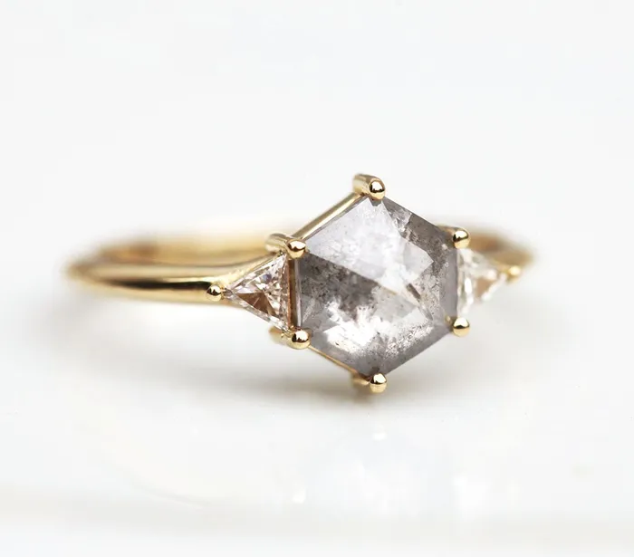 Capucinne Grey Hexagon Diamond Ring Set With Side Triangle Diamonds Rings