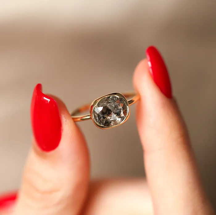 Capucinne Rings Rose Cut Diamond Salt And Pepper Solitaire Diamond Ring