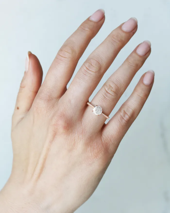 Capucinne Rings round moissanite ring with half eternity accent moissanites