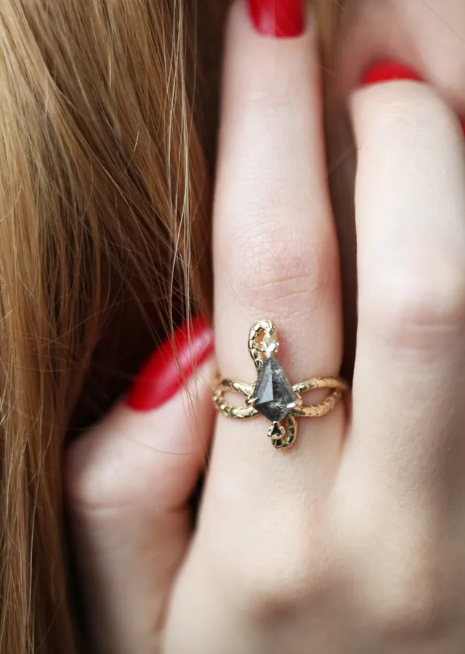 Capucinne Rings Snake Kite Salt And Pepper Diamond Ring Ready to Ship