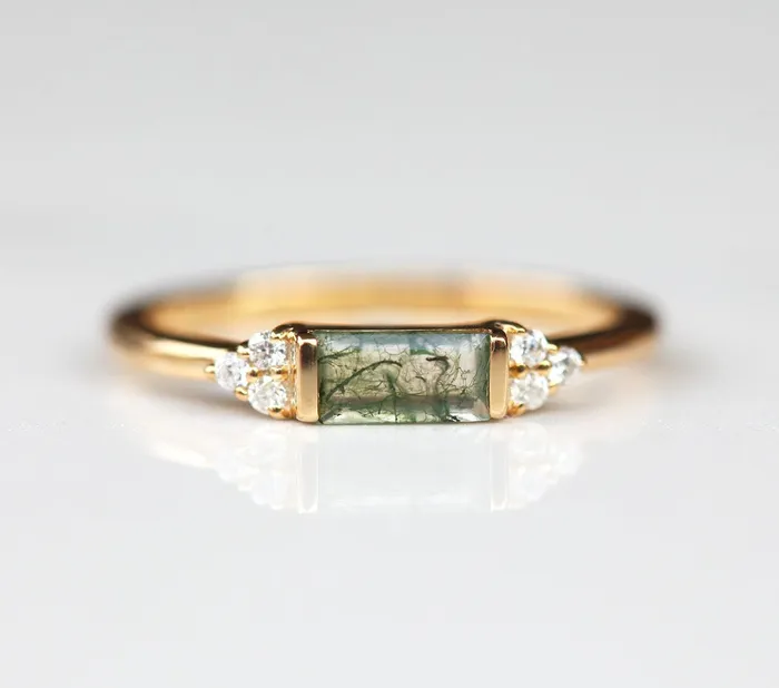 Capucinne Taylor Moss Agate Baguette and Diamond Ring Rings