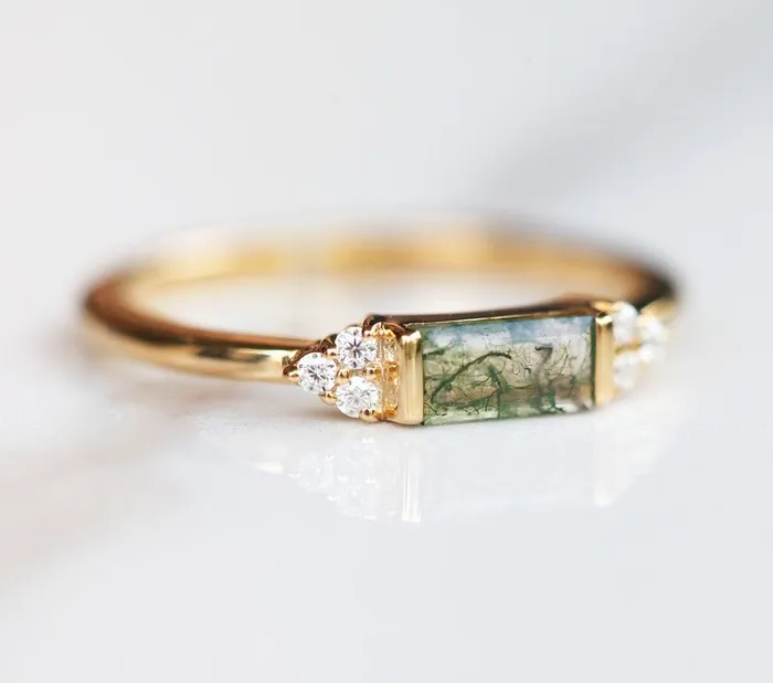 Capucinne Taylor Moss Agate Baguette and Diamond Ring Rings