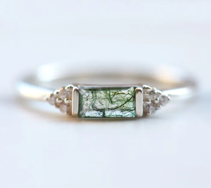 Capucinne Taylor Moss Agate Baguette and Diamond Ring Rings