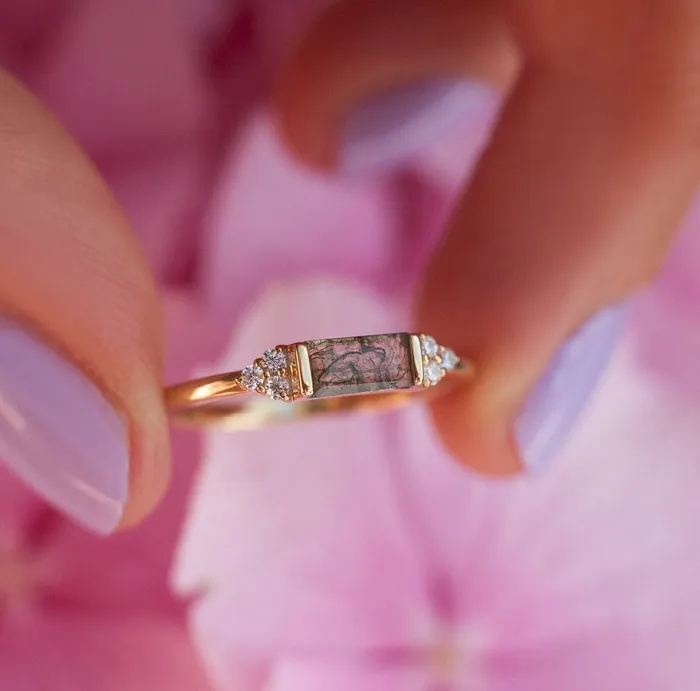 Capucinne Taylor Moss Agate Baguette and Diamond Ring Rings