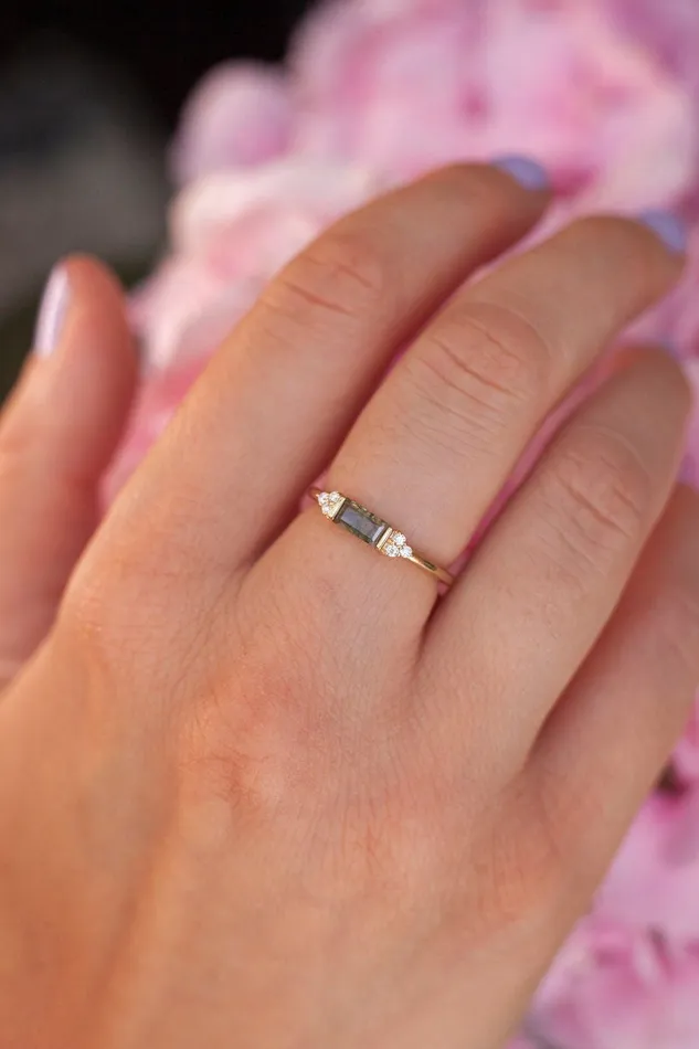 Capucinne Taylor Moss Agate Baguette and Diamond Ring Rings