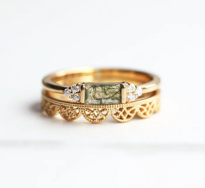 Capucinne Taylor Moss Agate Baguette and Diamond Ring Rings
