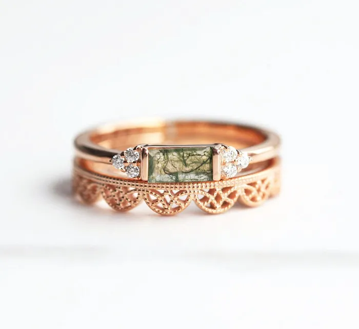 Capucinne Taylor Moss Agate Baguette and Diamond Ring Rings